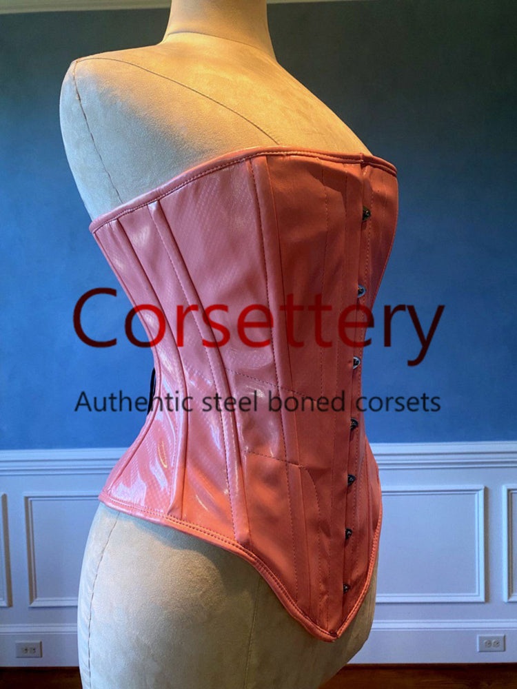 Fake pink leather Edwardian pattern PVC corset. Steelbone custom corset, renaissance, gothic, steampunk, bespoke, victorian Corsettery