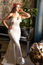 Classic satin corset wedding dress with laces frill. Bespoke steel-boned mermaid corset dress