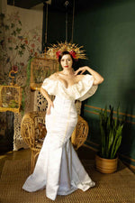 Classic satin corset wedding dress with wide frill. Bespoke steel-boned mermaid corset dress