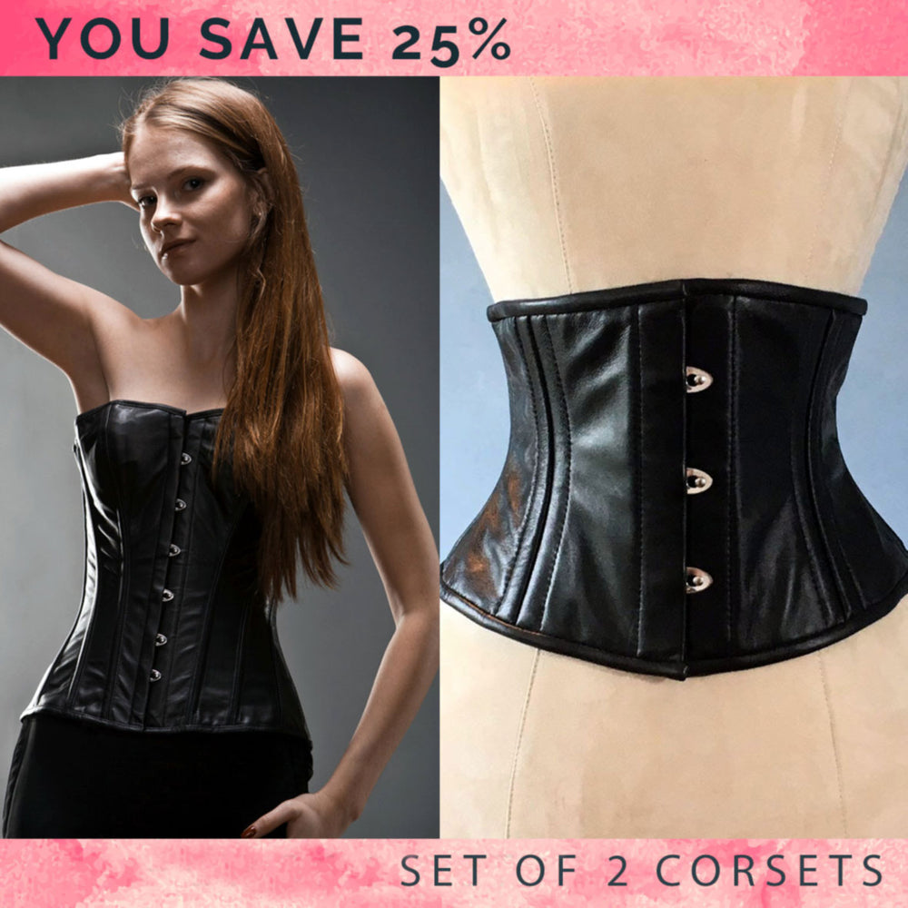 The set of 2 real leather corsets: overbust and waspie corsets, you save 25%. Steelbone custom made corset, gothic, steampunk, bespoke, victorian