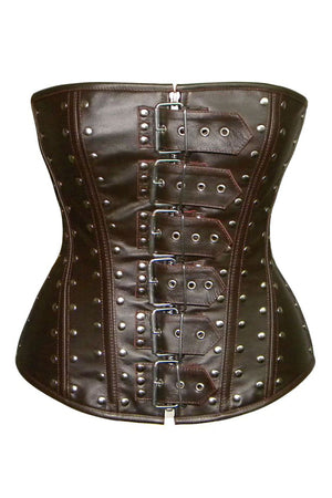 Steampunk and gothic style leather corset (brown and black). Alt, moto, fashion trendy overbust, real leather, metal, bdsm, bespoke corset. Corsettery