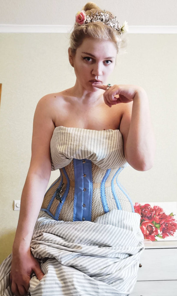 Blue and beige steel boned underbust corset from mesh. Authentic corset for tight lacing