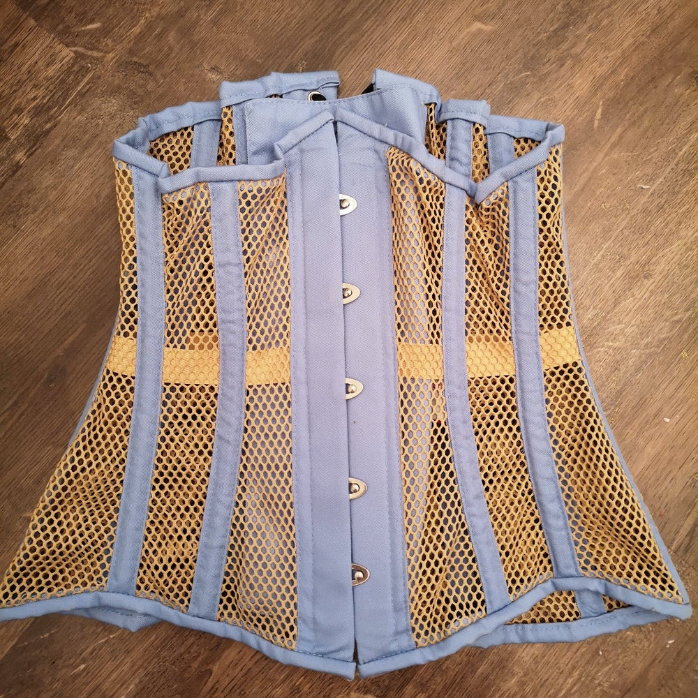 
                  
                    Blue and beige steel boned underbust corset from mesh. Authentic corset for tight lacing Corsettery
                  
                