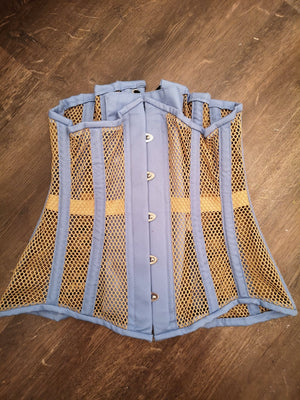 Blue and beige steel boned underbust corset from mesh. Authentic corset for tight lacing Corsettery
