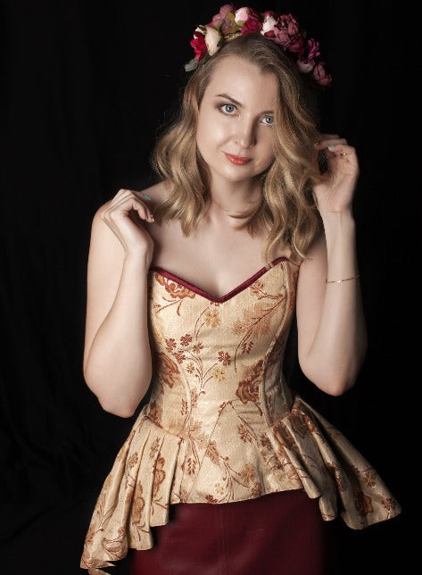 
                  
                    Cute floral brocade overbust corset with frill on hips. Authentic steel-boned corset in steampunk style Corsettery
                  
                