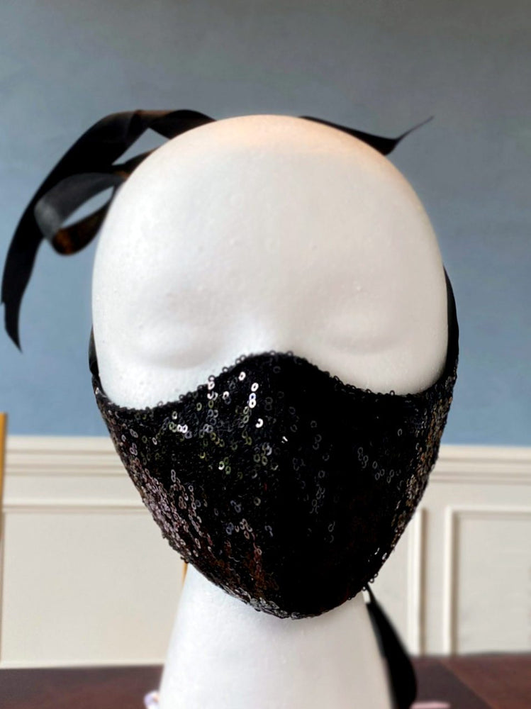 Fashion face cover/cloths face mask, black sequins outside, cotton inside. Around head ribbon