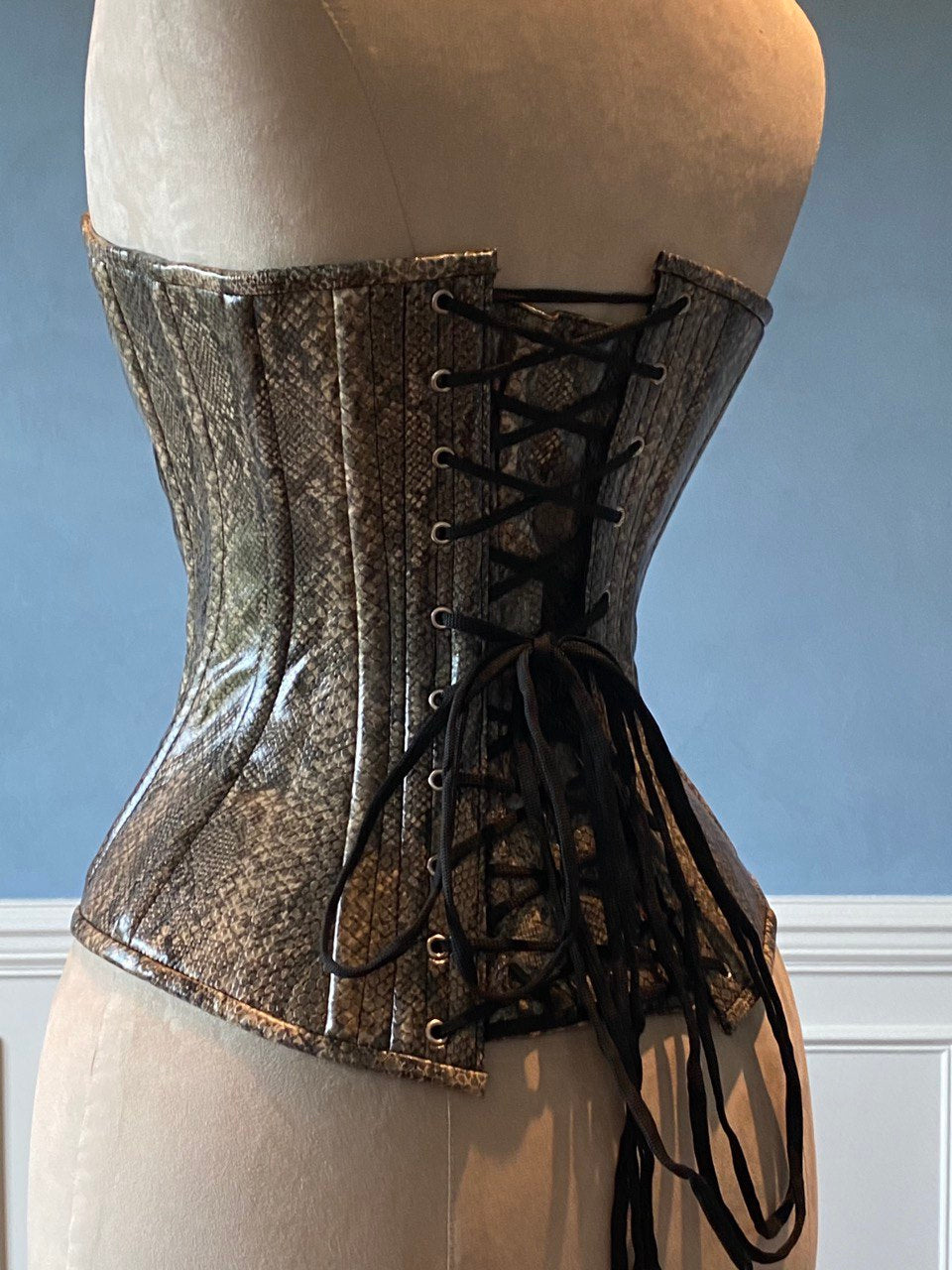 
                  
                    Fake snake leather Edwardian pattern PVC corset. Steelbone custom corset, renaissance, gothic, steampunk, bespoke, victorian Corsettery
                  
                