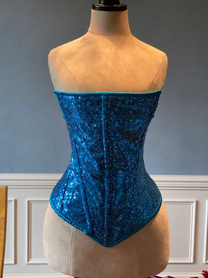 Shiny sequins overbust authentic corset with designer side view. New year, Valentine, Prom corset. Corsettery