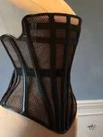 Overbust mesh authentic corset with leather bones and stripes. Gothic Victorian, luxury designer corset, plus size