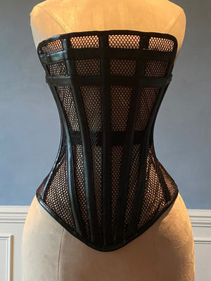 Overbust mesh authentic corset with leather bones and stripes. Gothic Victorian, luxury designer corset, plus size Corsettery