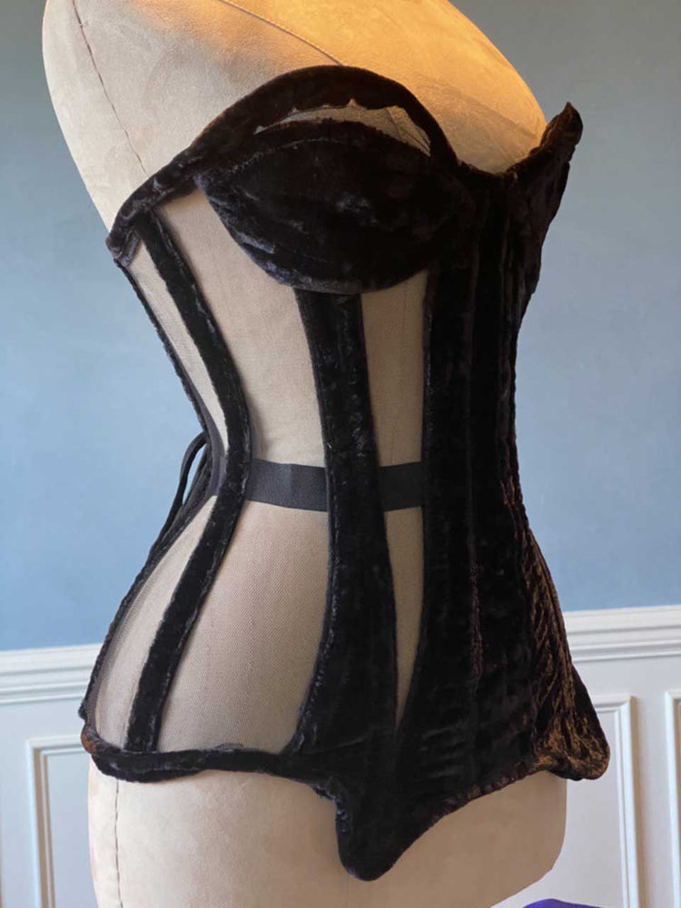 Overbust mesh and velvet authentic corset with cups and garter suspenders Corsettery