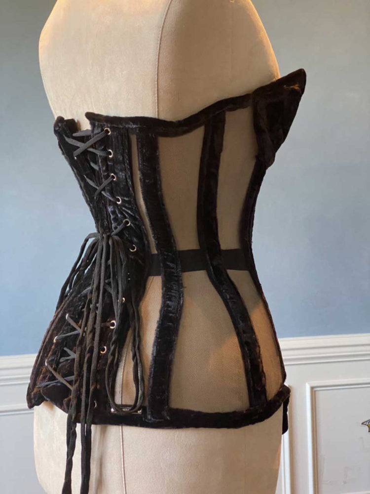 
                  
                    Overbust mesh and velvet authentic corset with cups and garter suspenders Corsettery
                  
                