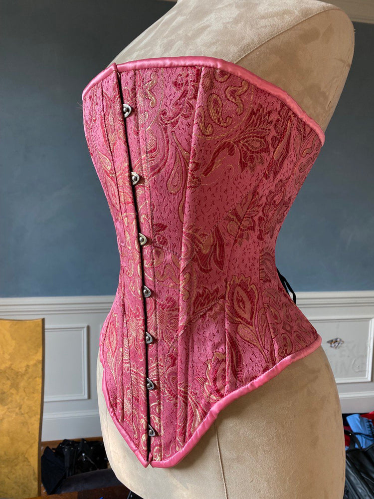 Historical pattern Edwardian overbust corset from pink brocade. Steelbone wedding corset