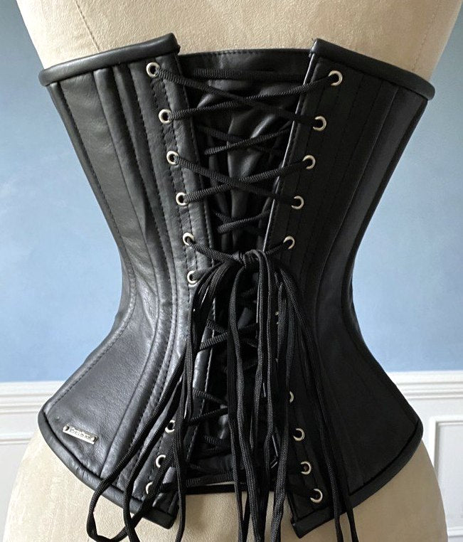 Black Leather Under Bust Edwardian Corset EMEERA (18) at  Women's  Clothing store