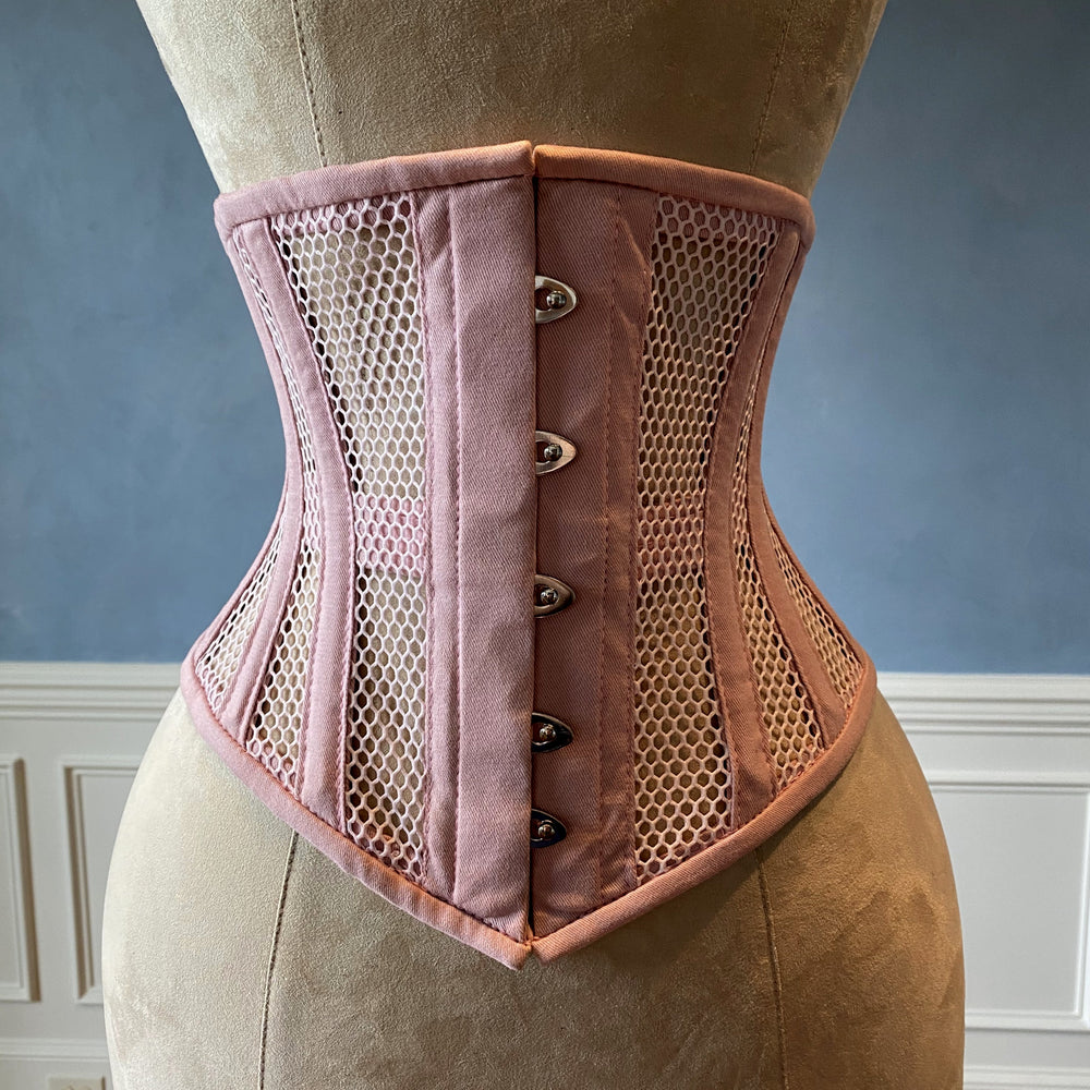 
                  
                    Real steel boned underbust underwear corset from transparent mesh and cotton. Summer waist training corset for tight lacing of pink color Corsettery
                  
                