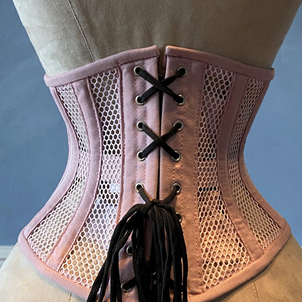 
                  
                    Real steel boned underbust underwear corset from transparent mesh and cotton. Summer waist training corset for tight lacing of pink color Corsettery
                  
                