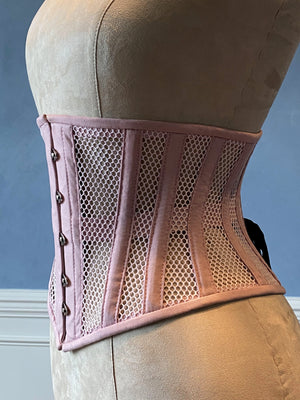 Double row steel boned underbust corset from pink and gold brocade. Re – Corsettery  Authentic Corsets USA