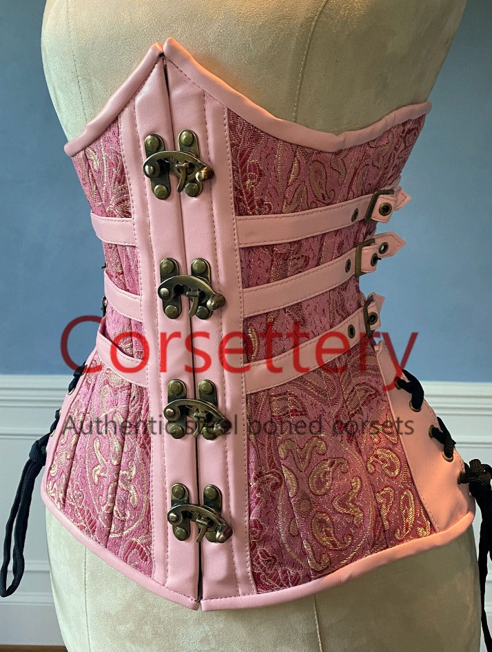 Double row steel boned authentic underbust brocade corset with leather ...