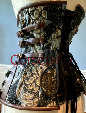 Double row steel boned authentic underbust brocade corset with leather bones. Western collection Hourglass waist training corset, coachella, exclusive steampunk corset, burlesque Corsettery