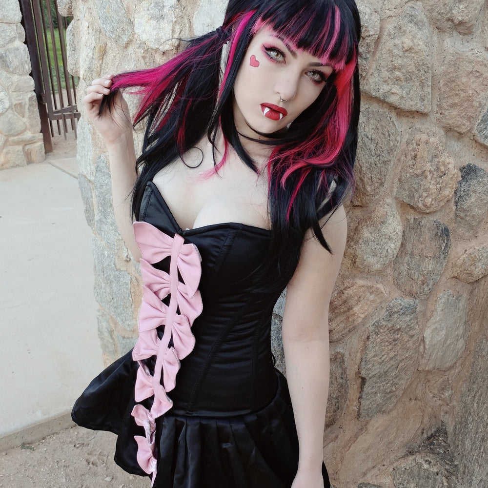 
                  
                    Draculaura cosplay corset dress from black satin and leather bows. Halloween, gothic, vampire cosplay dress Corsettery
                  
                