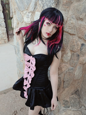 Draculaura cosplay corset dress from black satin and leather bows. Halloween, gothic, vampire cosplay dress Corsettery