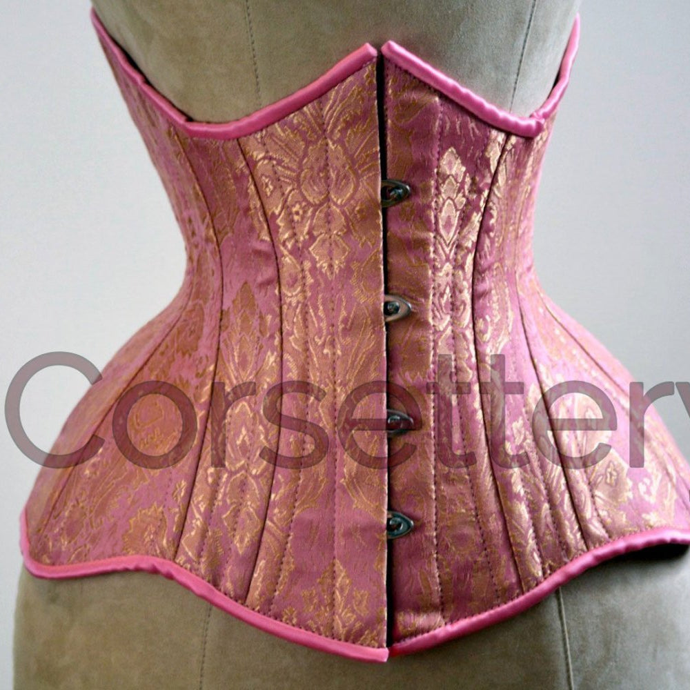 Double row steel boned underbust corset from pink and gold brocade