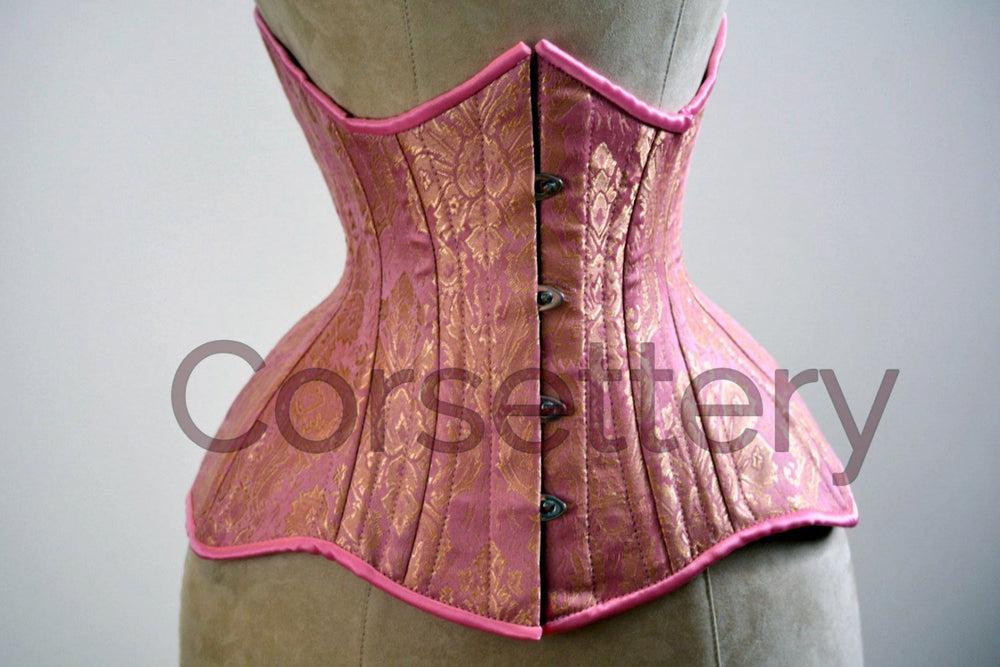 Double row steel boned underbust corset from pink and gold brocade. Real waist training corset for tight lacing. Gothic, steampunk corset