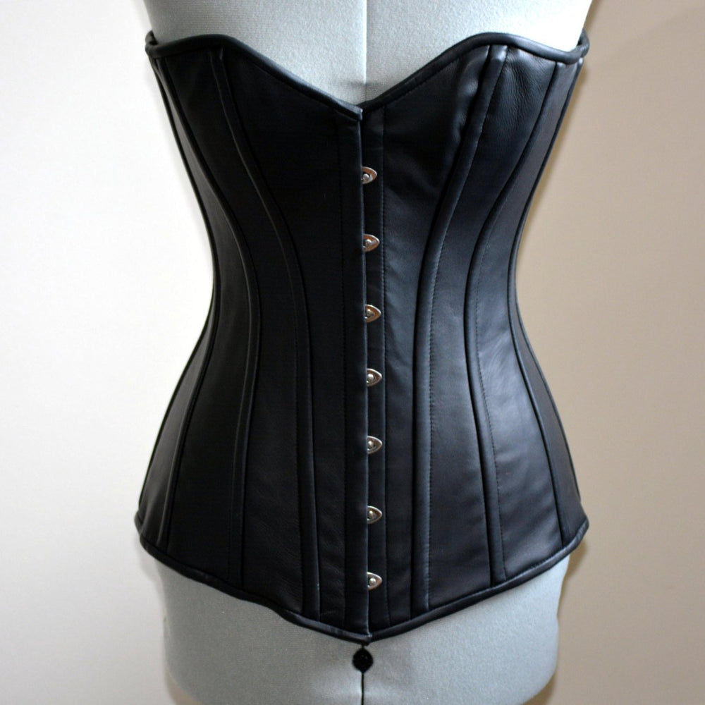 Exclusive lambskin long corset on steel bones, black, brown, white, red. Gothic, steampunk, bdsm, authentic waist training corset for tall Corsettery