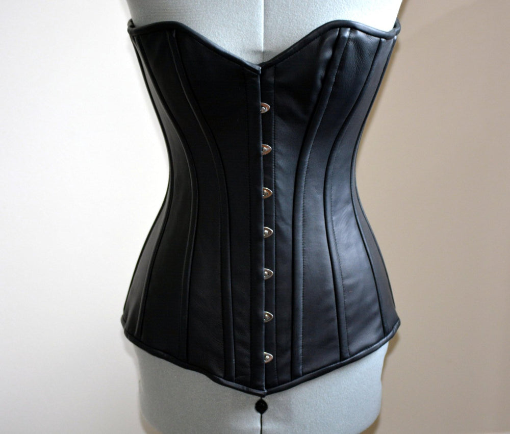 Exclusive lambskin long corset on steel bones, black, brown, white, red. Gothic, steampunk, bdsm, authentic waist training corset for tall Corsettery