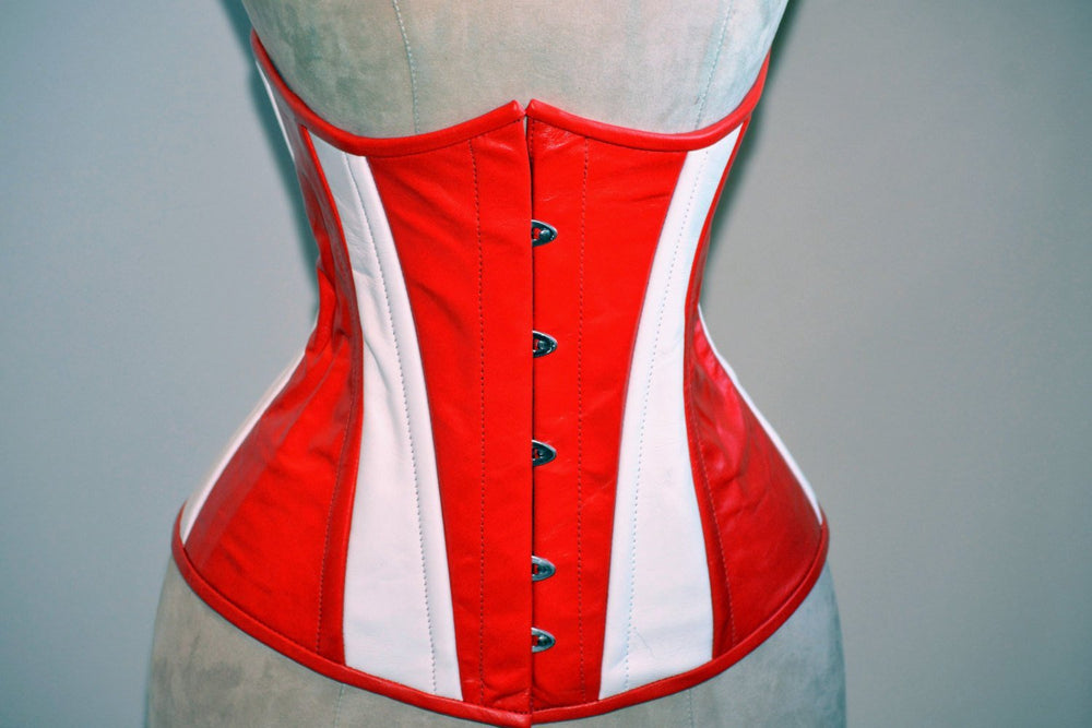 Hand dyed real leather Captain America red and white cosplay corset, steel boned made to measures exclusive corset, steampunk leather corset Corsettery