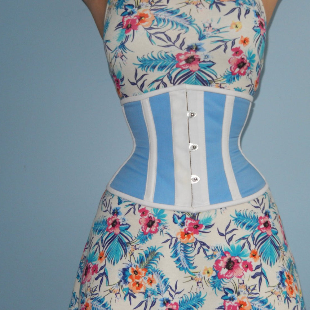 Real steel boned waspie corset from light blue cotton. Waist training fitness edition. Gothic, steampunk, custom made steel-boned corset Corsettery