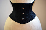 Classic satin steel-boned authentic waspie corset for tight lacing and waist training.