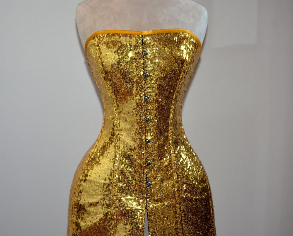 Exclusive shiny corset in caftan style, golden, silver, red, black available. Corsettery