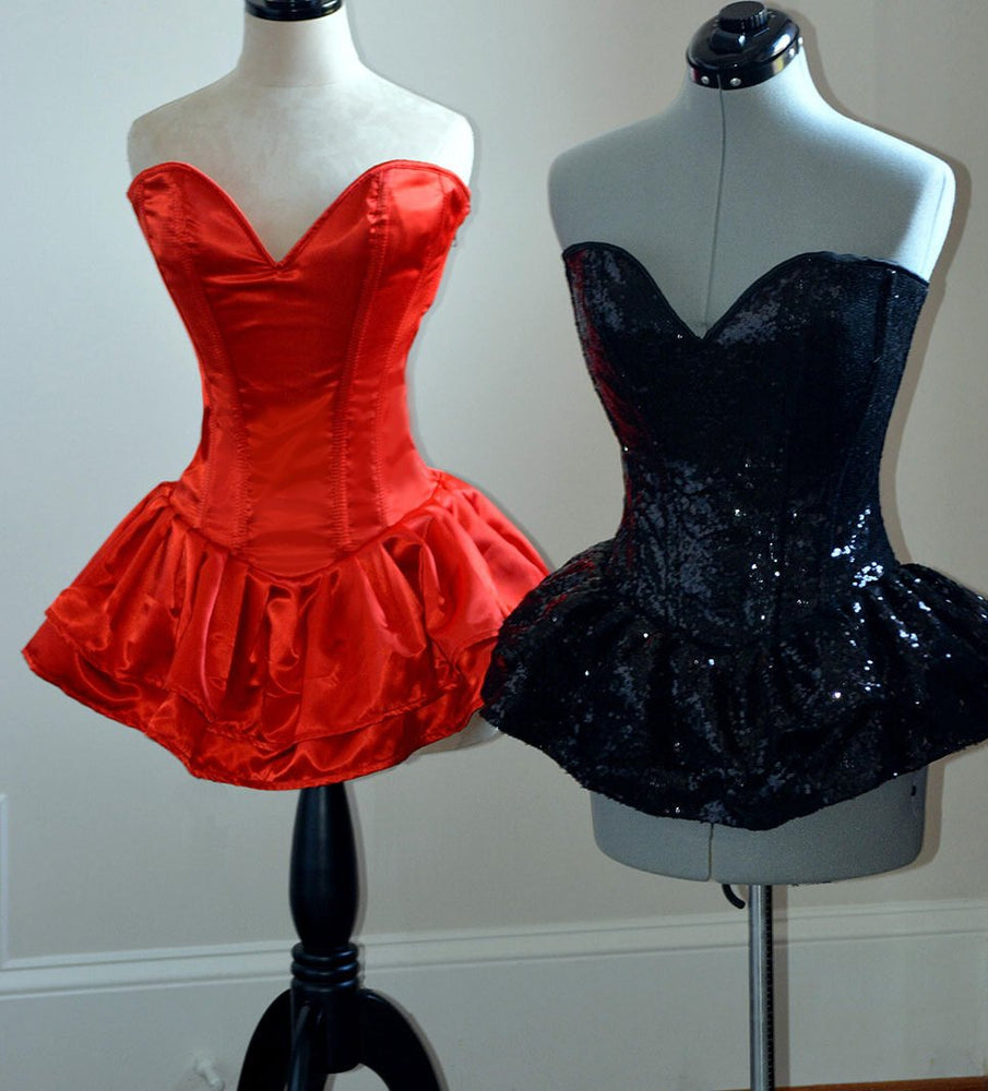 Authentic corset dress with mini fluffy skirt, sequins or satin fabric.  Prom, Valentine, mini wedding dress
