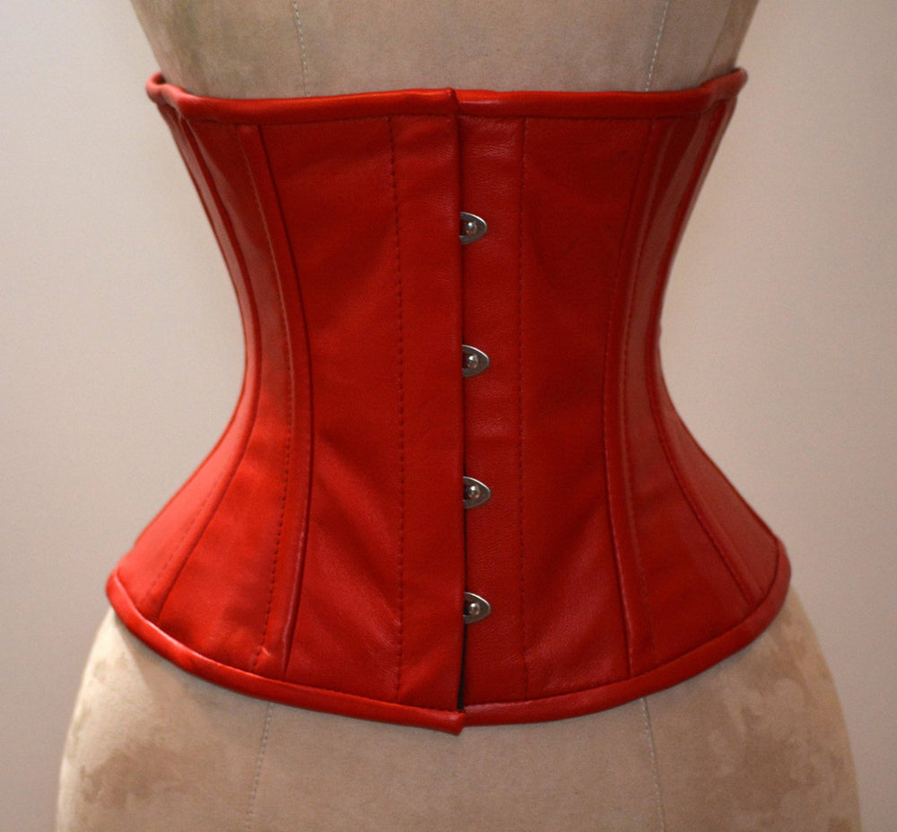 Hand dyed lambskin waist steel-boned authentic corset of red color. Bespoke corset for tight lacing and waist training, steampunk, gothic Corsettery