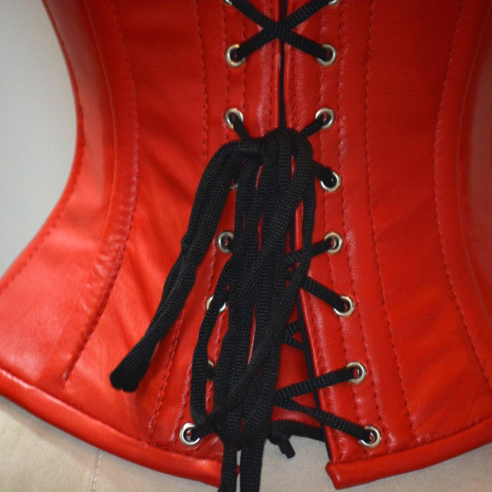 
                  
                    Hand dyed lambskin waist steel-boned authentic corset of red color. Bespoke corset for tight lacing and waist training, steampunk, gothic Corsettery
                  
                