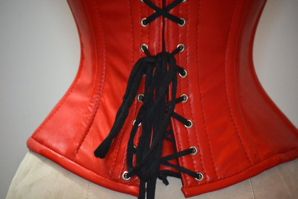 Hand dyed lambskin waist steel-boned authentic corset of red color. Bespoke corset for tight lacing and waist training, steampunk, gothic Corsettery