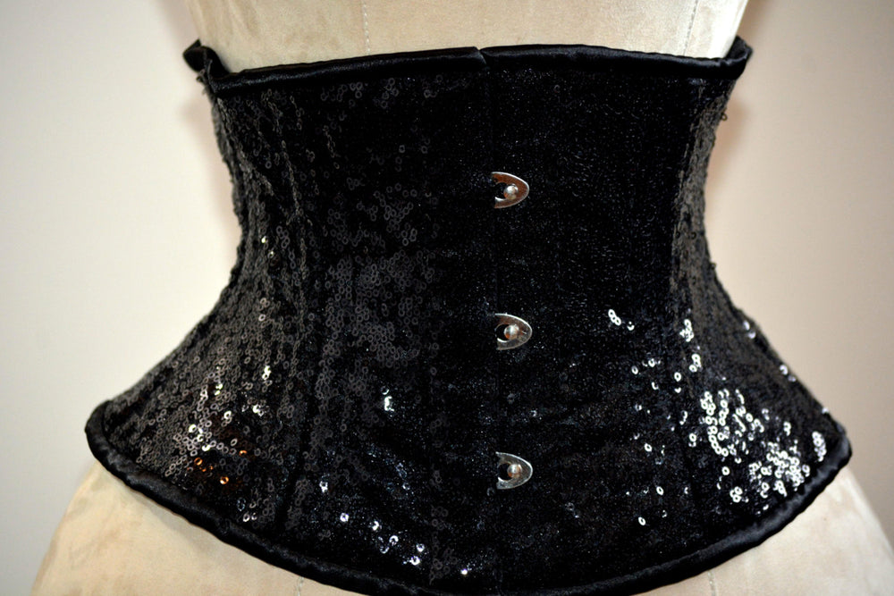 Shiny sequins steel-boned authentic waspie corset for tight lacing and waist training. Gothic, vintage, burlesque, pinup, steampunk, prom Corsettery