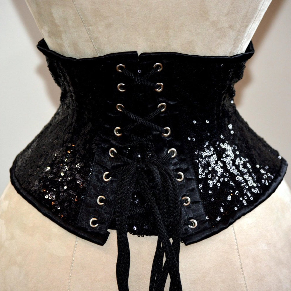 Shiny sequins and satin overbust authentic corset with long hip