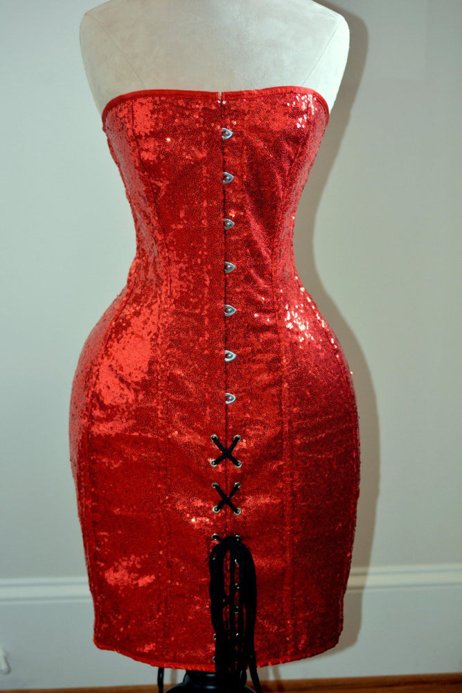 This Exclusive Shiny Corset Mini Bodycon Dress, golden, silver, red and black available. New Year and Christmas gift, authentic made to measures corset Corsettery