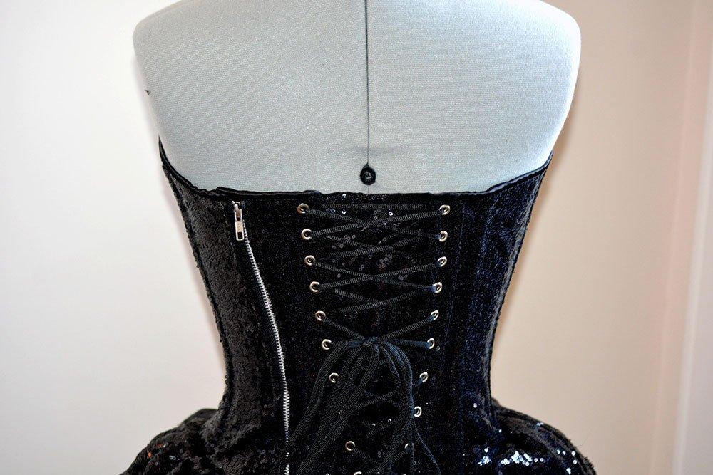 Authentic corset dress with mini fluffy skirt, sequins or satin