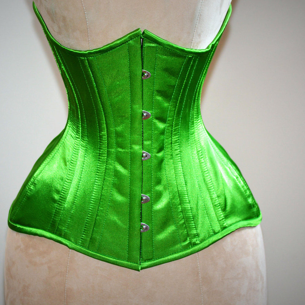 
                  
                    Real double row steel boned underbust corset from satin in a fashionable green grass summer color. Corsettery
                  
                