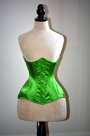 Real double row steel boned underbust corset from satin in a fashionable green grass summer color. Corsettery