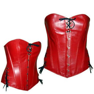 Lambskin full bust rock corset, red and black, gothic, moto corset from red or red and black leather with lace on the bust. Steelbone corset Corsettery