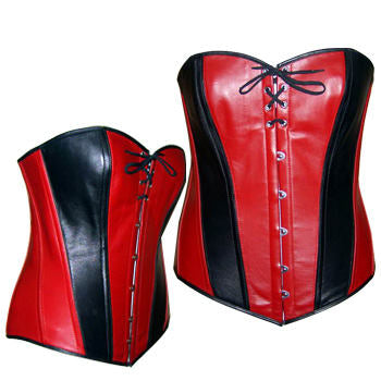 Lambskin full bust rock corset, red and black, gothic, moto corset from red or red and black leather with lace on the bust. Steelbone corset