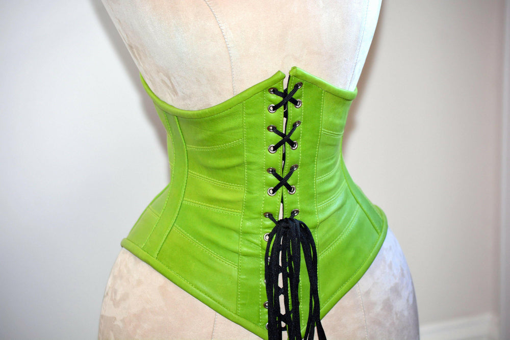 Authentic trendy green steel boned underbust leather corset. Trendy fashion green belt from leather Corsettery