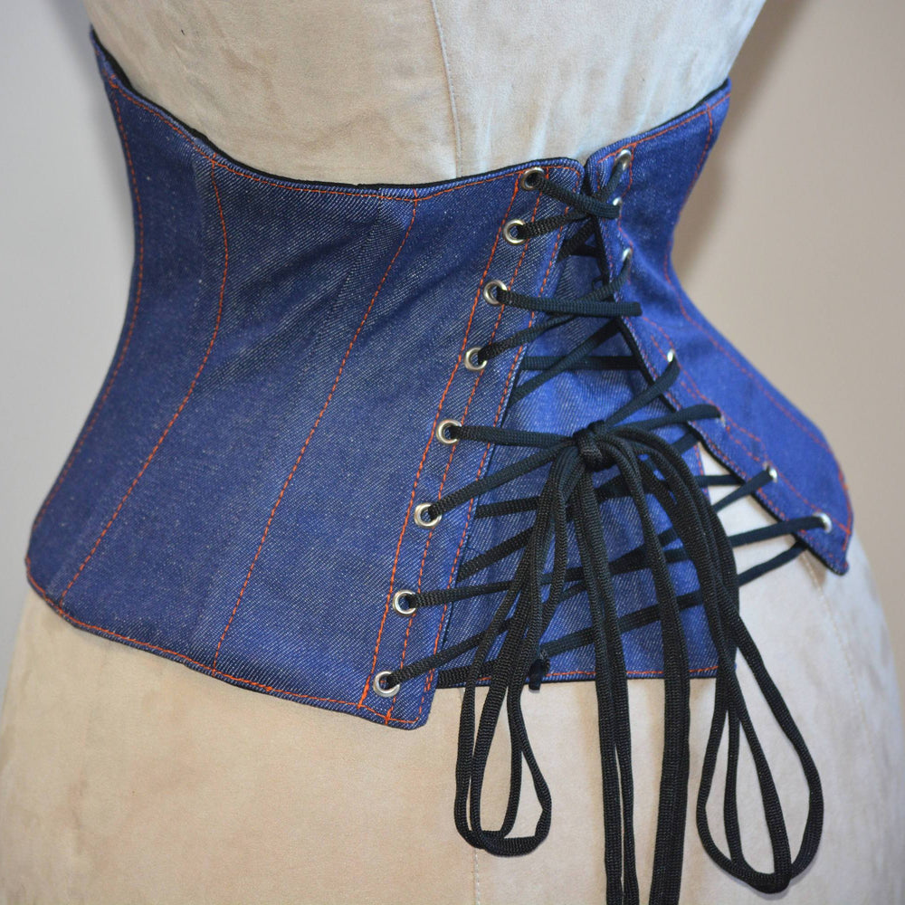 
                  
                    Trendy waspie belt corset from denim. Waist training fitness edition corset belt with laces in front, trendy summer corset Corsettery
                  
                