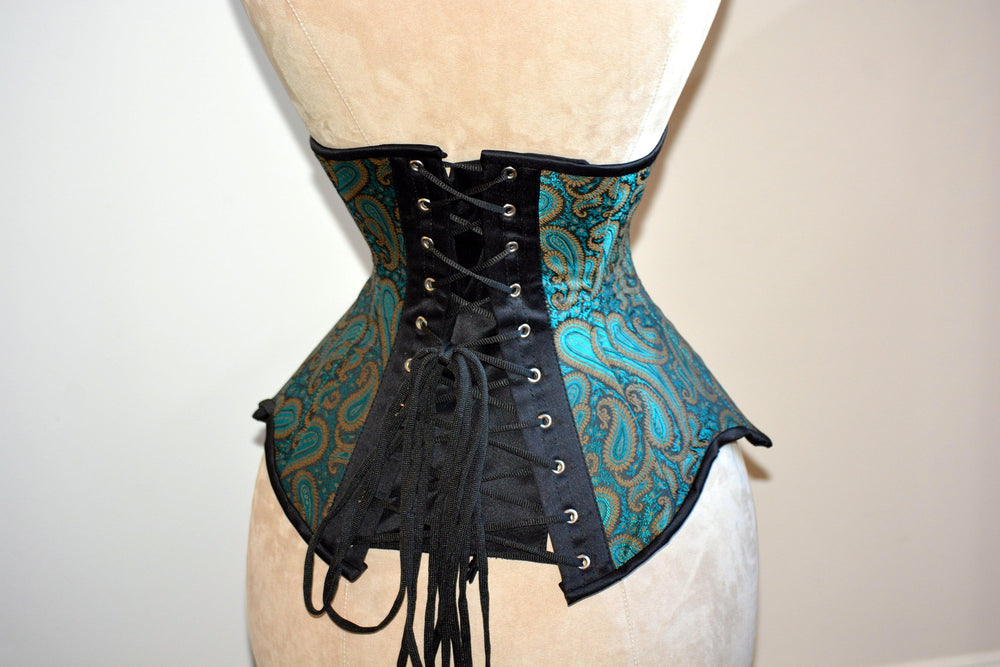 Steel boned underbust corset from green brocade made personally for you. Real waist training corset for tight lacing. Gothic, steampunk Corsettery