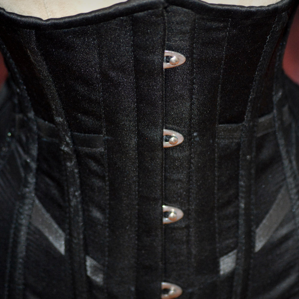 
                  
                    Hourglass made to measures underbust authentic satin corset, only bespoke. Corsettery
                  
                