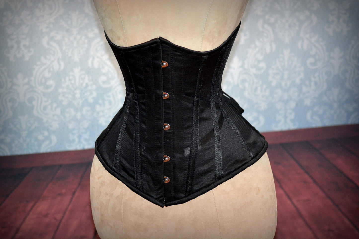 
                  
                    Hourglass made to measures underbust authentic satin corset, only bespoke. Corsettery
                  
                